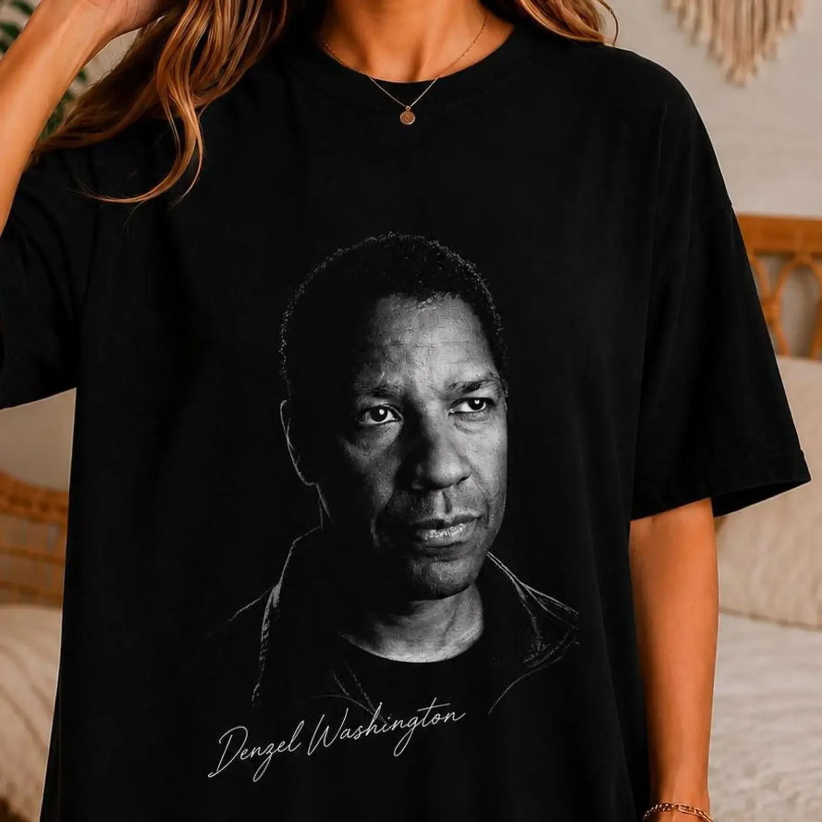 Vintage Denzel Washington Black White Portrait T Shirt Oversized Casual Actor Fans GifT vintage Washed homme Stretched