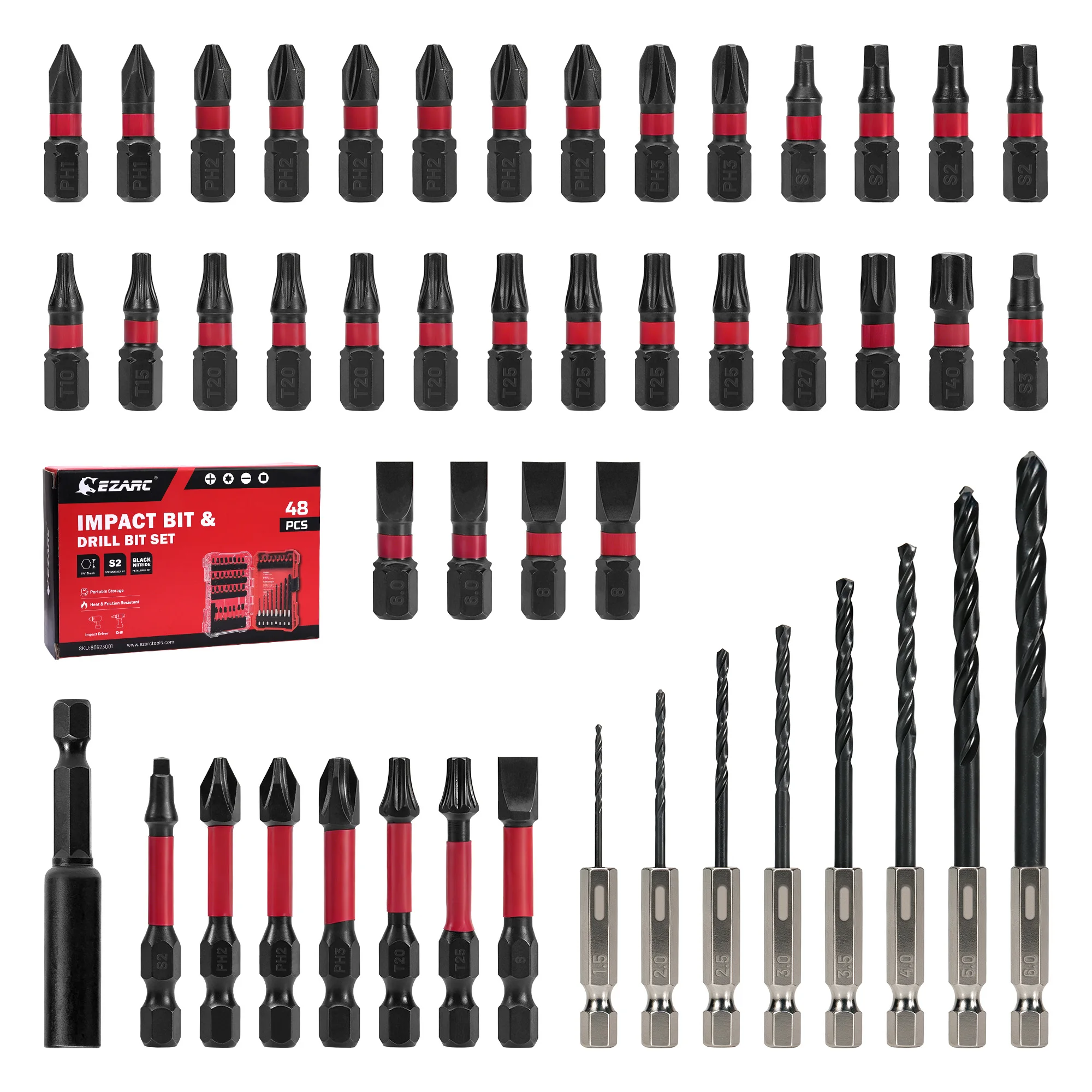 EZARC 48-in-1 Impact Screwdriver Bit Set with Drill Bits & Magnetic Holder, Universal Kit for Power Drills Electric Screwdrivers
