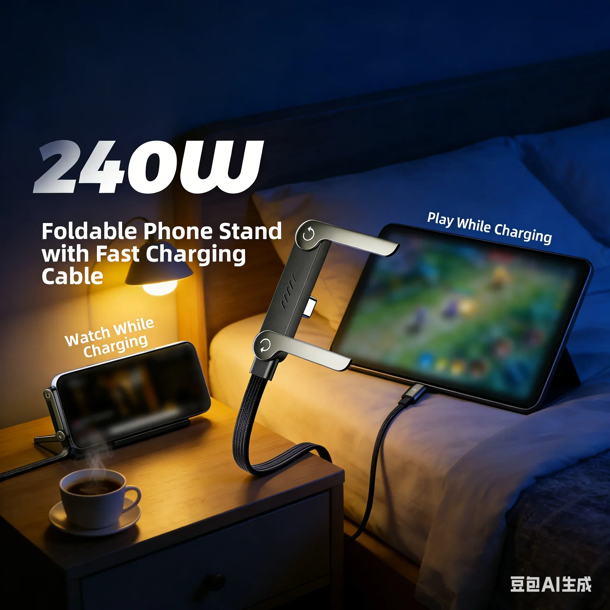 240W Fast Charging Cable With Built-in Phone Bracket 1.5m Length Smartphone Tablet Data Cable Holder Charging Line For IPhone17