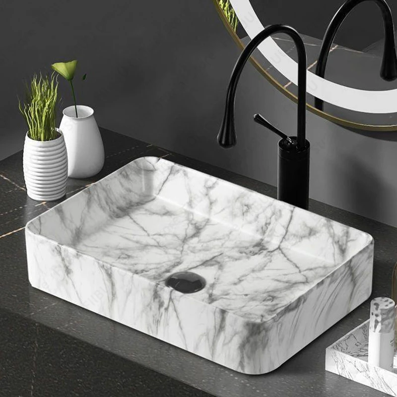 Premium Stone Veins Ceramic Above Counter Bathroom Washbasin Durable Bathroom Vanity Sink Stone Pattern Basin Bowl Home Hotel