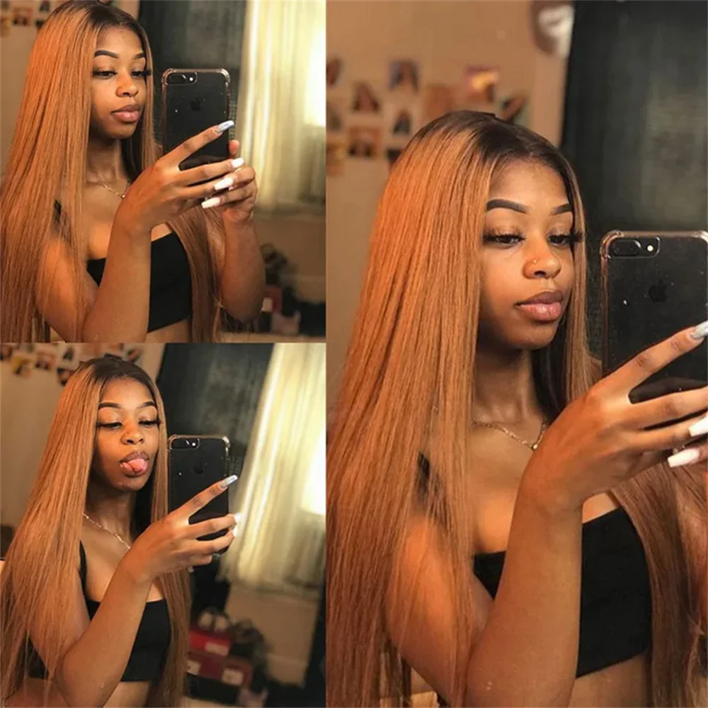 

Long Soft Ombre Brown Straight 26Inch Lace Front Wig For Women With Baby Hair Synthetic Preplucked Glueless Daily