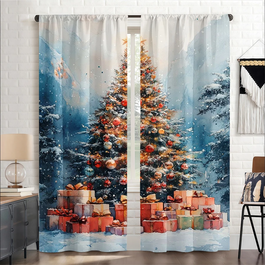 2PCS Christmas Winter Curtains, Watercolor Tree Gift, Digital Print, Bedroom Living Room, Rod Pocket, Polyester, Home Decor