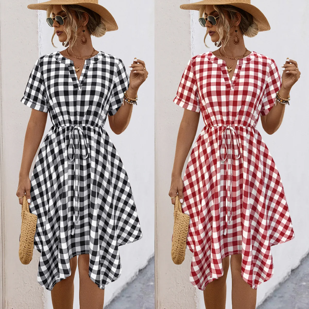 

2024 Spring/Summer Women's Fashion, Elegance, Leisure, Sexy, Irregular Short sleeved V-neck Plaid Lace up Dress