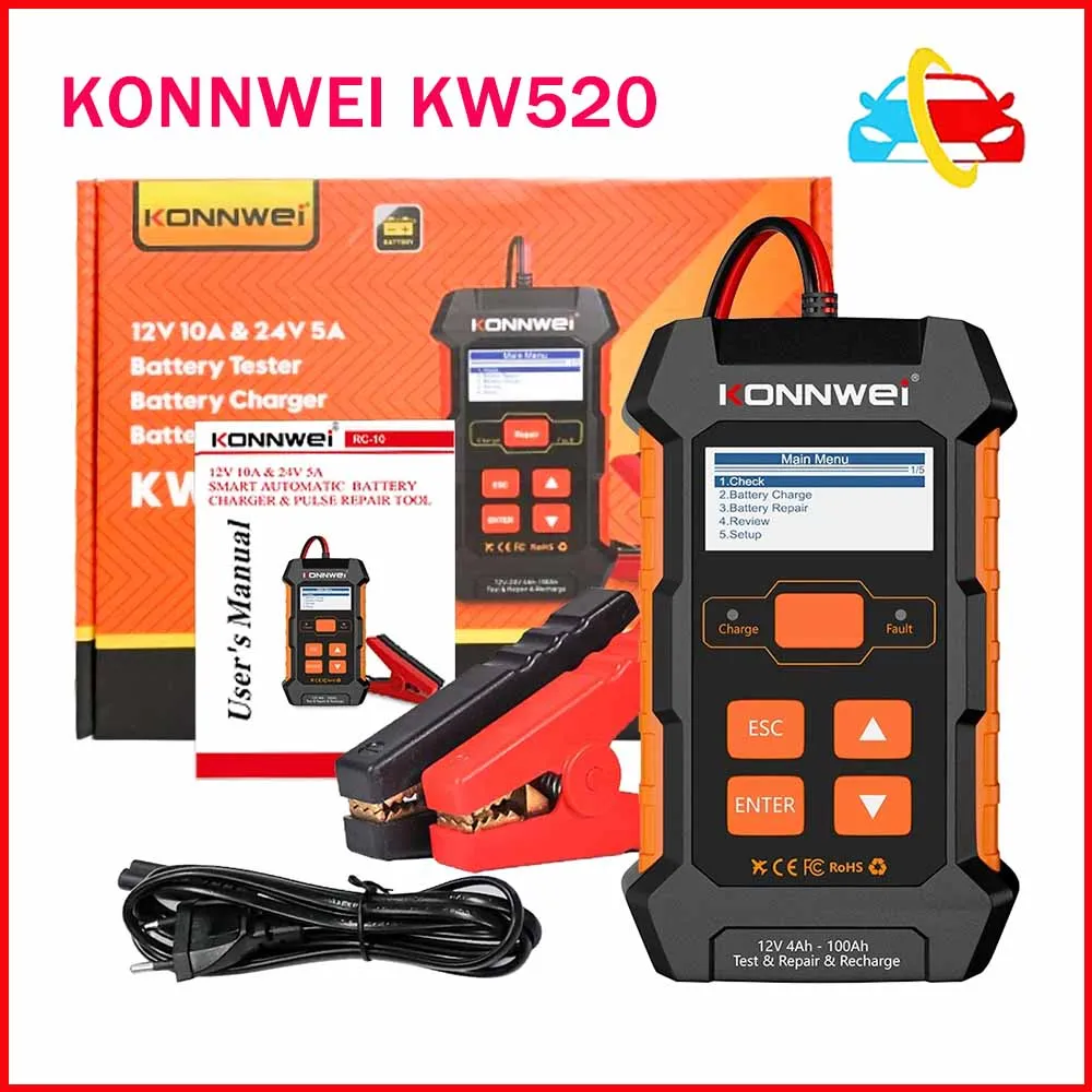 

KONNWEI KW520 12V 10A 24V 5A Automatic Car Truck Battery Tester Charger Lead Acid Car Battery Pulse Repair Tool AGM Gel Lithium