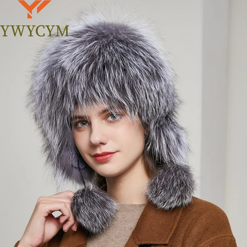 

2025 Hot Sale 100% Natural Silver Fox Fur Women Winter Hat Knitted Cap Women Hat Fox Fur Bomber Hat Female Ear Warm Winter Must