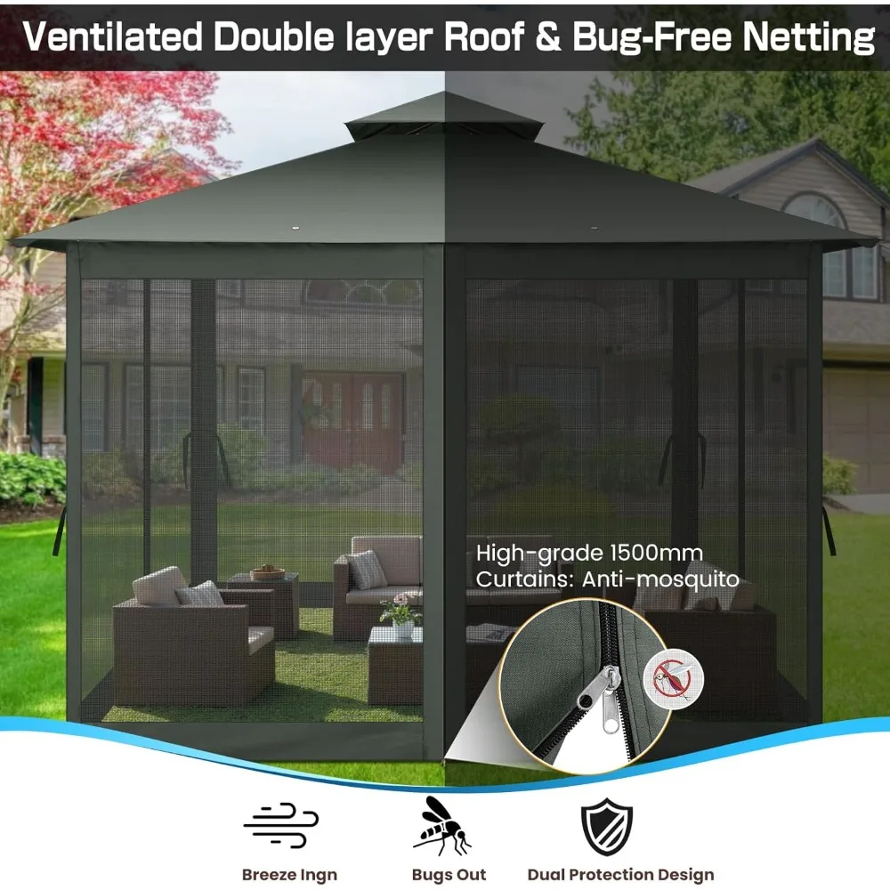 HOTEEL 10'x10' أكشاك خارجية للفناء مع شبكة، خيمة مظلة مقاومة للماء بإطار فولاذي عالي التحمل، فوز عالي