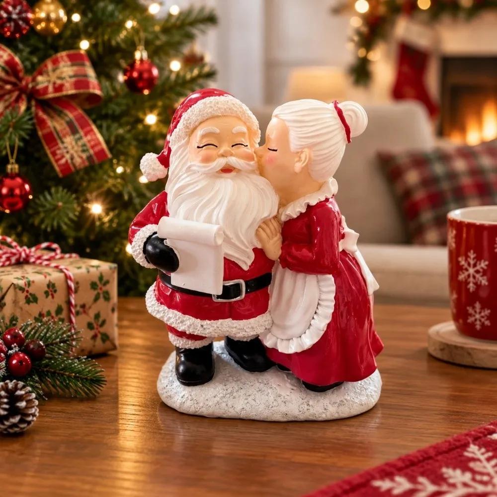 Resin Santa Couple Statue Red White Detailed Christmas Couple Ornament Decorative Vintage Style Santa Claus Figurine
