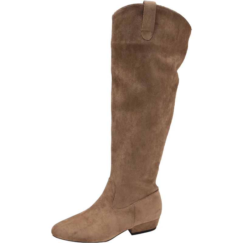 2025 Nuovi stivali alti al ginocchio da donna in pelle scamosciata Moda Slip On Scarpe basse da donna Concise Slim Long Botas De Mujer