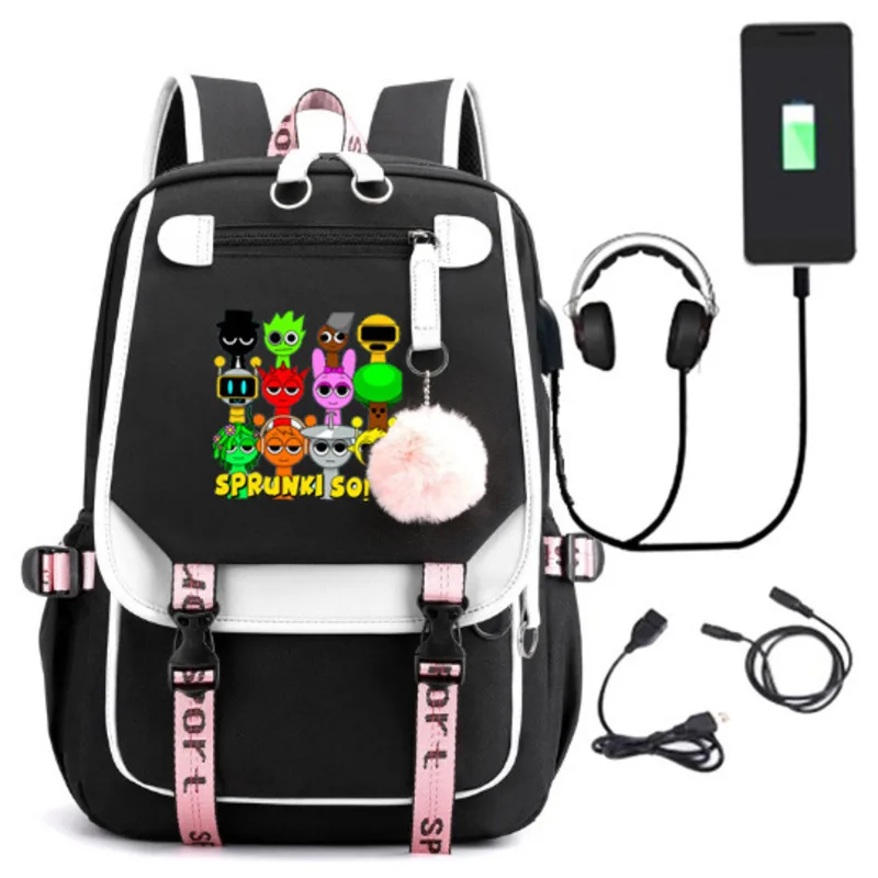 Sprunki Rhythm Box Usb Charging School Bags Girls Boys Laptop BackPack Women Men Travel Cartoon Schoolbag Leisure Backpack