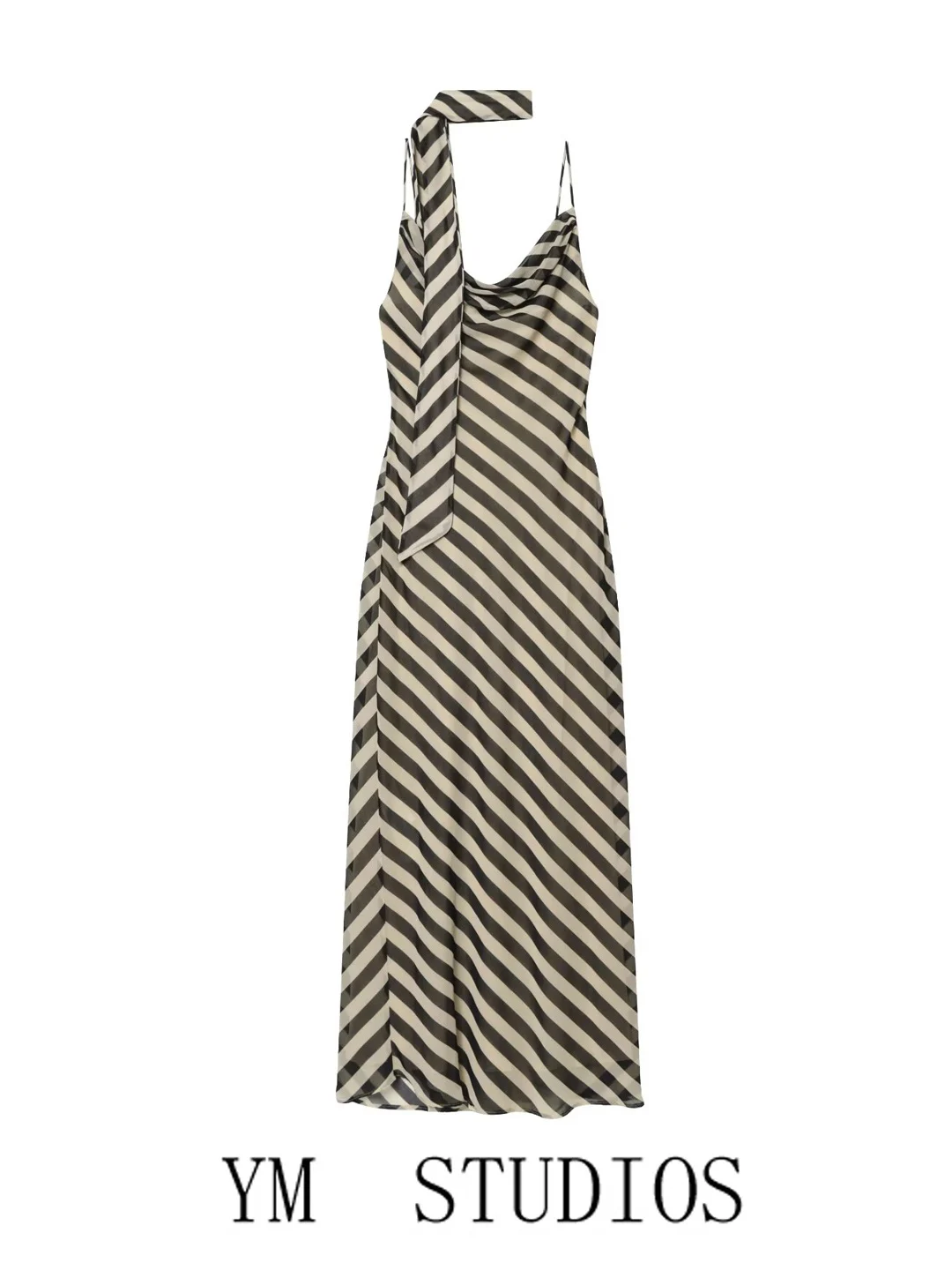 Romantic Vintage Striped Sash Neck Decorated Slim Fit Long Dress Women's Summer Casual A-Line Skirt High Waist Print Dress