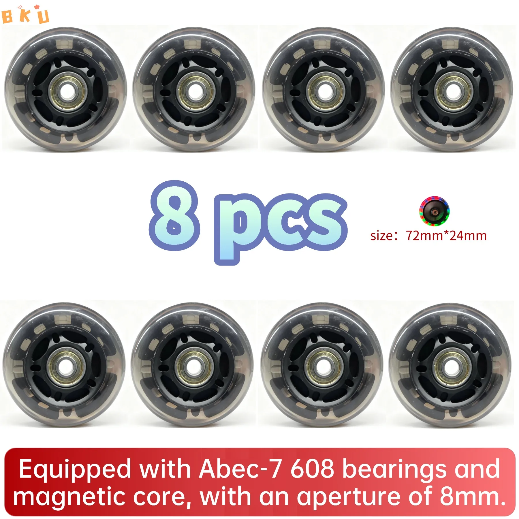 8-حزمة عجلات مضيئة LED 72 مم محامل PU ABEC-7، عجلات متوهجة ملونة للزلاجات المضمنة والدراجات البخارية والأمتعة