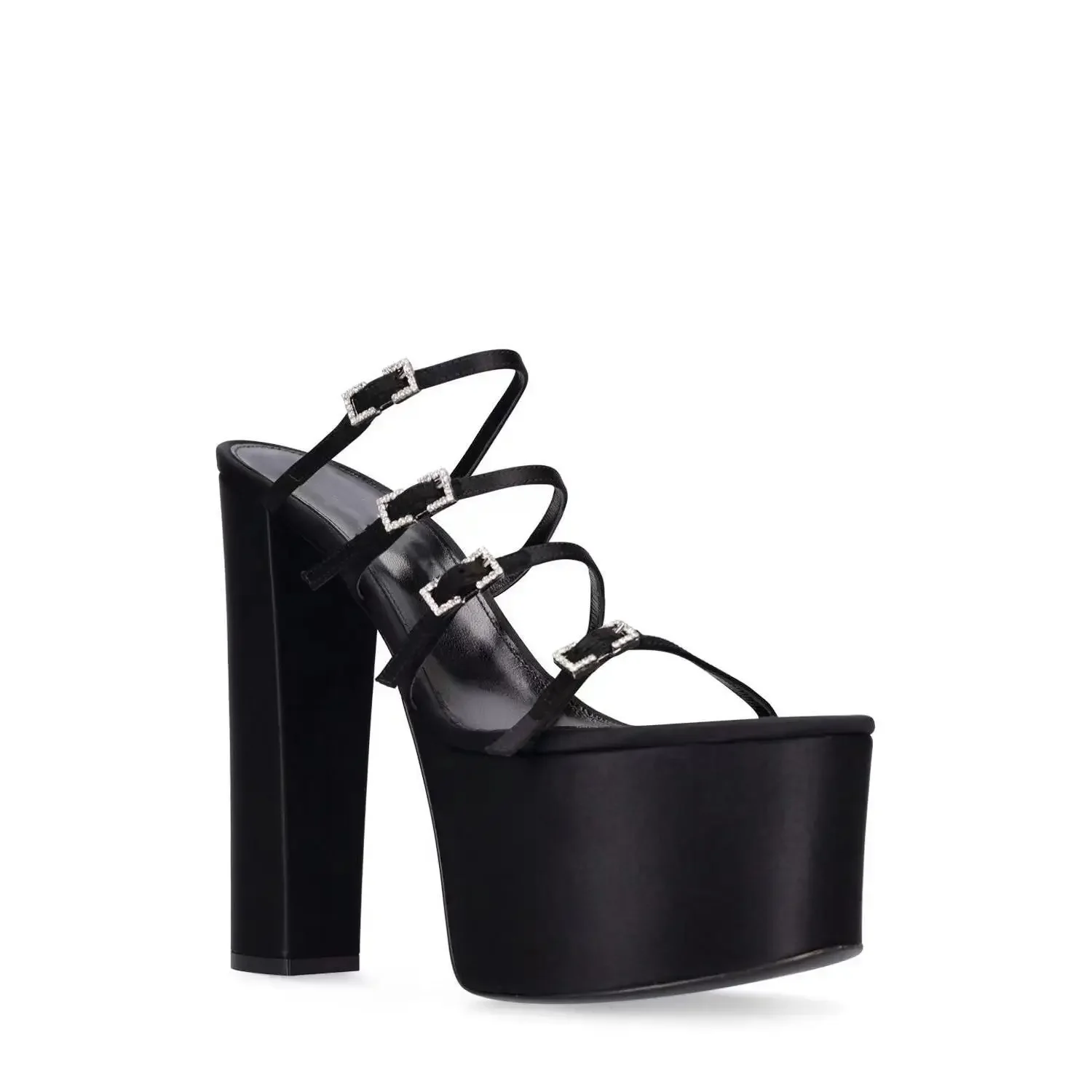 Sepatu wanita gesper sabuk Satin sandal wanita hitam sepatu wanita bulat jari terbuka Tacones Slingback hak tinggi Chunky pesta Chaussures Femme Ete