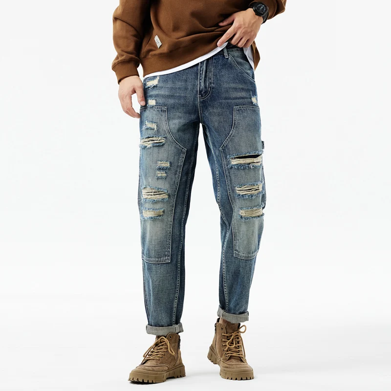 

BGC9696 Vintage tide heavy wash jeans men loose straight ins Japanese trend workwear trousers