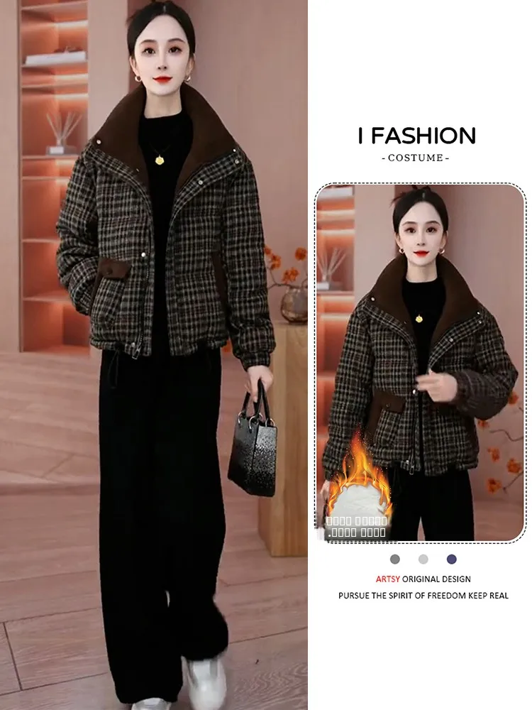 

Зимняя утепленная хлопковая куртка-пуховик для женщин: модная, в клетку, теплая верхняя одежда в корейском стиле для повседневной носки, стандартный крой