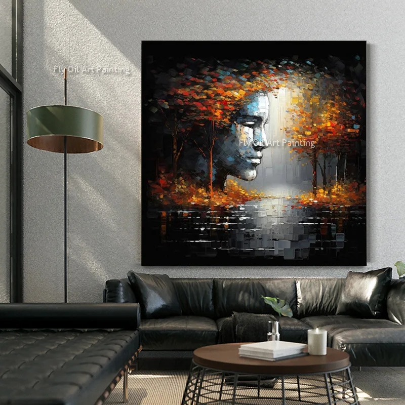 Abstract Woman Portrait Hand-Painted Oil Painting Autumn Forest Reflection Canvas Wall Art Modern Impasto Landscape Artwork Deco