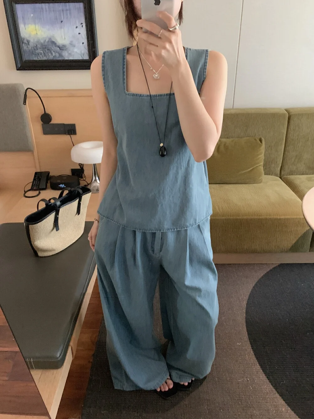 

Джинсовый топ свободного кроя и брюки с широкими штанинами и высокой талией, женский модный комплект с квадратным воротником без рукавов, весна-лето