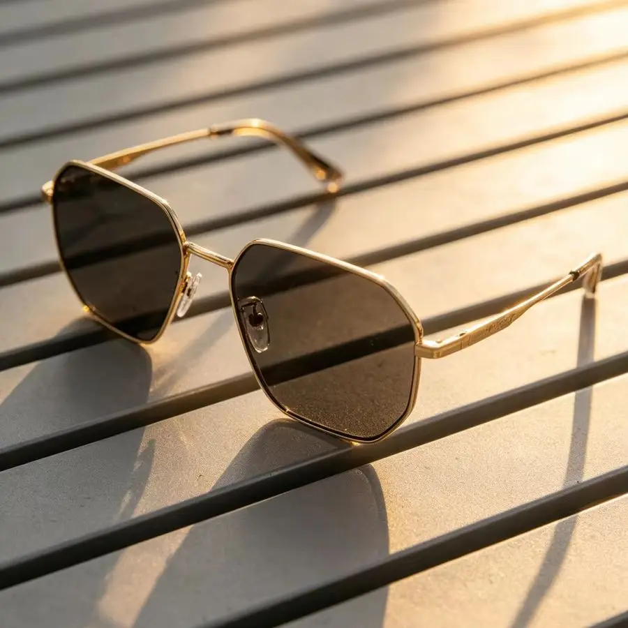 Emporio Armani Sechseckige Metallsonnenbrille Polierter Goldrahmen Dunkelgrau Outdoor-Fahr- und Urlaubs-Luxus-Mode-Sonnenbrille