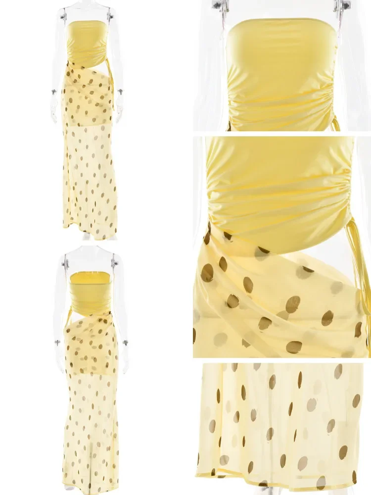 حمالة البولكا نقطة الشيفون المرقعة فستان ماكسي المرأة انقطاع سليم مثير أنبوب عطلة الشاطئ فستان ماكسي الصيف ملابس الحفلات