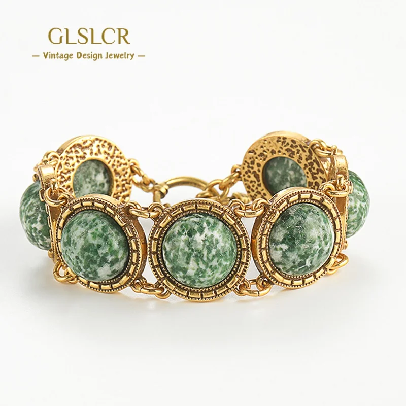 

Vintage Green Natural Stone Round Luxury Bracelet For Women Gold Color Jewelry Brands Designer Dubai Trends 2025 Christmas Party
