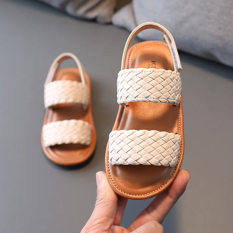 Girl Sandals Braided Open Toe Fashion Vacation Summer Children Flat Shoes Solid Color Comfy Outdoor Anti-slip Kids Sliders