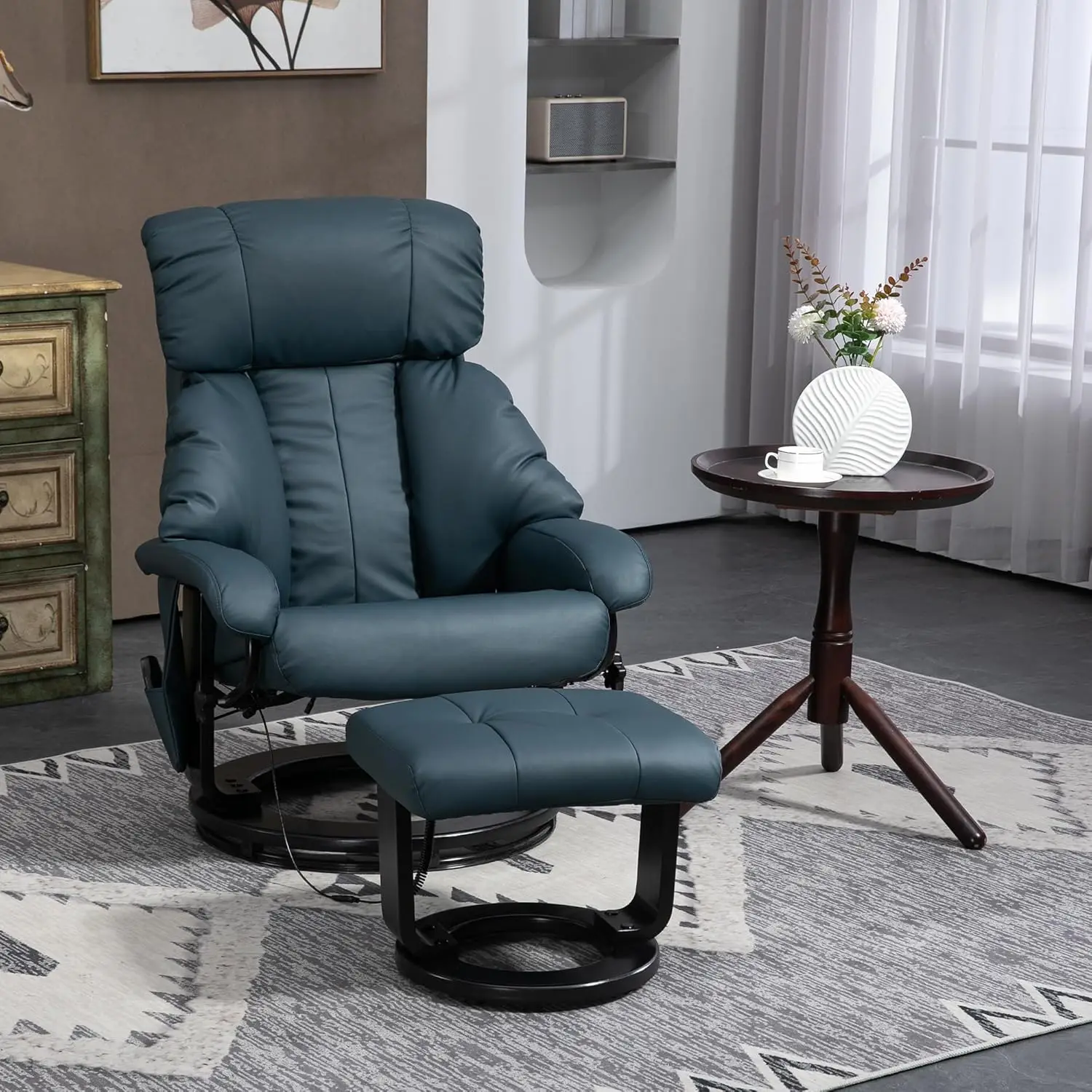 Massage Recliner Chair with Ottoman, 360° Swivel Recliner and Footstool, PU Leather Reclining Chair with Side