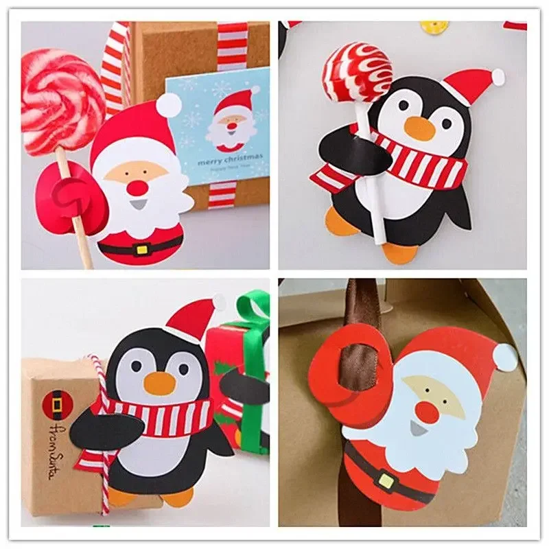 150/25 Christmas Lollipop Paper Cards Snowman Santa Claus Penguin Pattern Candy Gifts Package Wrapping New Year Party Decor