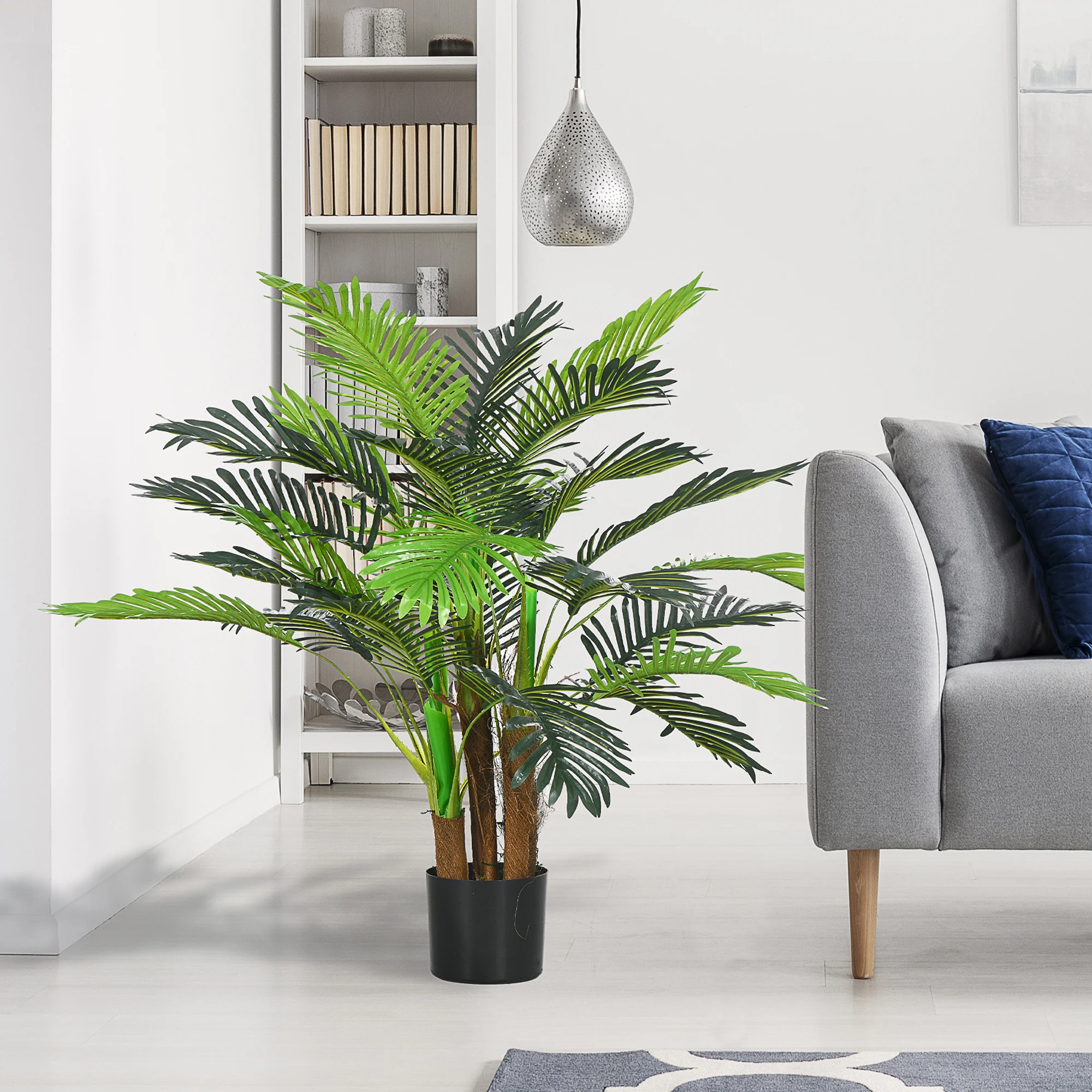 HOMCOM Kunstpalm 100cm Kunstpalmboom met 27 palmbladeren Grote kunstplant in pot Kunstplanten Kunstplanten zoals echte kamerplant voor woonkamer, kantoor, balkon, decoratie slaapkamer