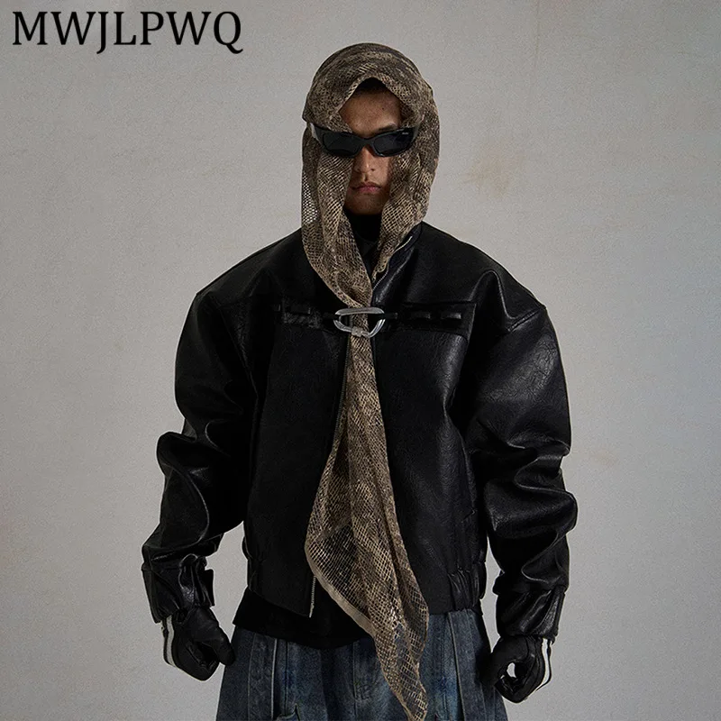 

Мужская кожаная куртка MWJLPWQ в уличном стиле с двойной молнией и пряжкой спереди, черная, модная, с длинными рукавами, воротником-стойкой, байкерская куртка 13770