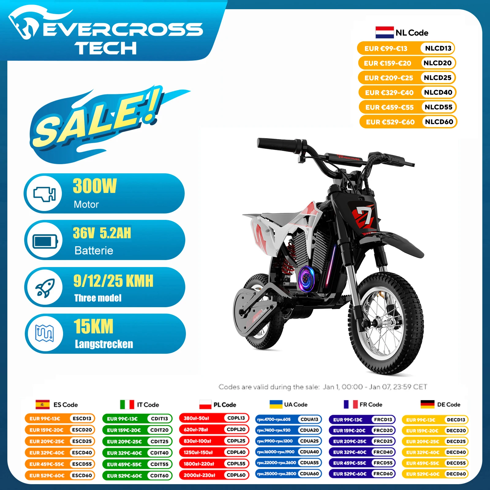 Moto Eléctrica para Niños EVERCROSS TECH EV12M Pro - 300W, 25 km/h, 15 km de Autonomía, Bluetooth y LED, Neumáticos de 12'', Motocross para 3-12 Años