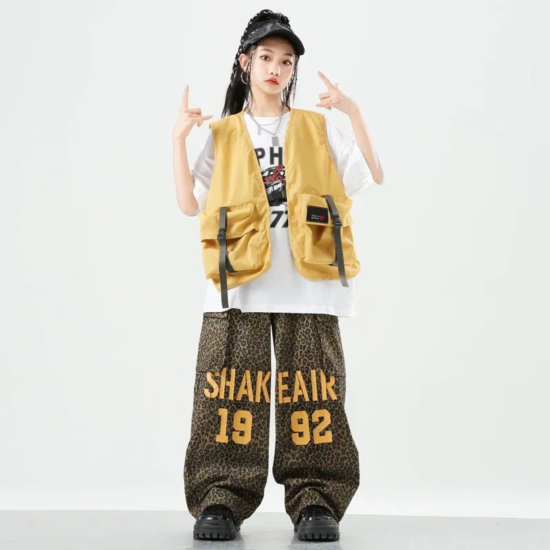 Bambini Streetwear Ragazzi Hip Hop Gilet giallo Camicia Pantaloni cargo Ragazze Street Dance Jogging Set di vestiti Bambini Jazz Costumi viola