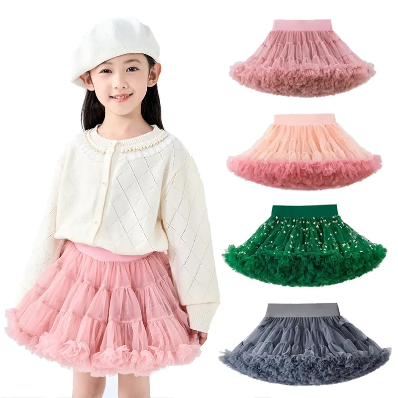 Girls 1-10T Lace Tutu Skirt Fluffy Chiffon Pettiskirt Solid Colors Tutu Skirts Girl Dance Skirt Children Tulle Petticoat Tulle
