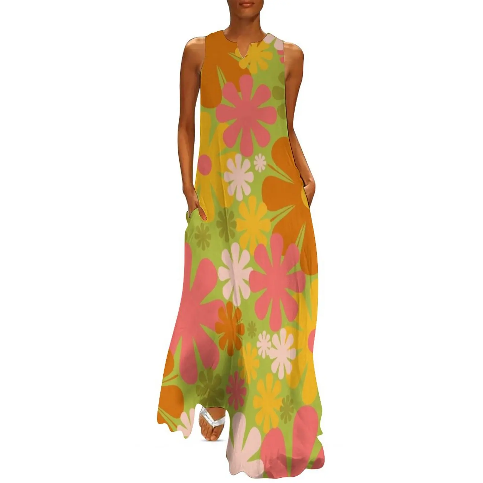 

Retro 60s 70s Aesthetic Floral Pattern Lime Green Pink Yellow Orange Long Dress evening dresses ladies Dress