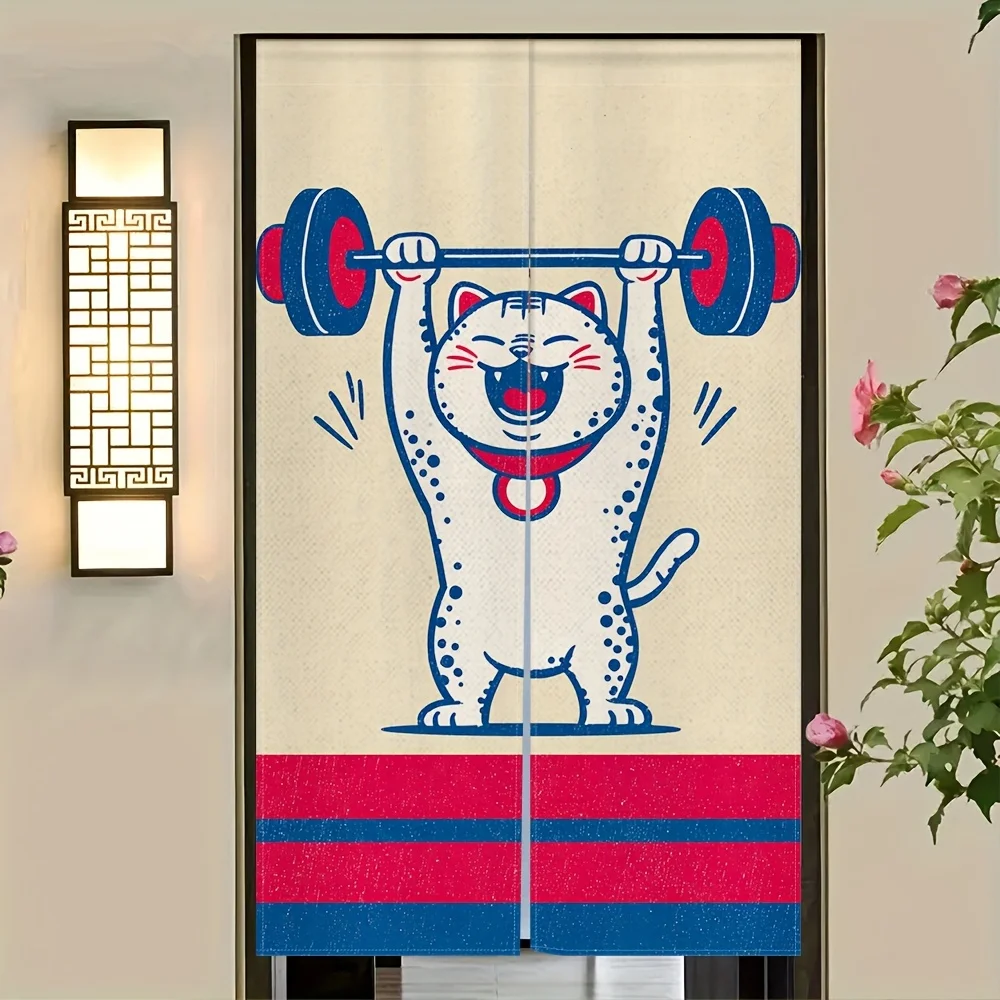 Weight Lifting Cat Door Curtain Cute Anime Cat Lifting Barbell Theme Design Suitable for Kitchen Bedroom or Dormitory Decoration