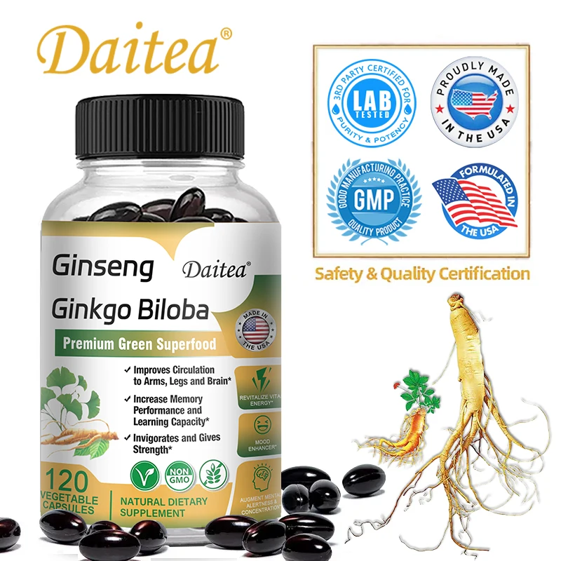 Ginseng + Ginkgo Biloba Extract Capsules - Brain Health Supplement That Helps Blood Circulation, Metabolism and Energy Levels