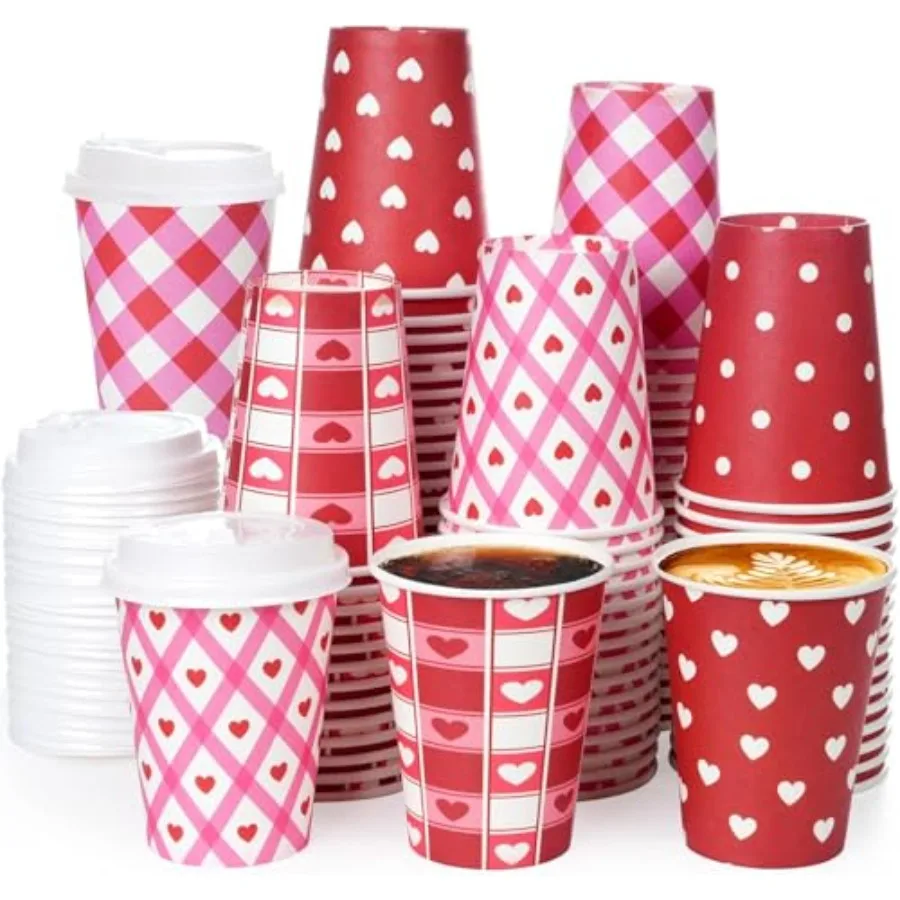 

Valentines Day cups with lids for party use, plastic, red and white, 100 sets of 12oz cups plus 18pcs inflatable conversation h
