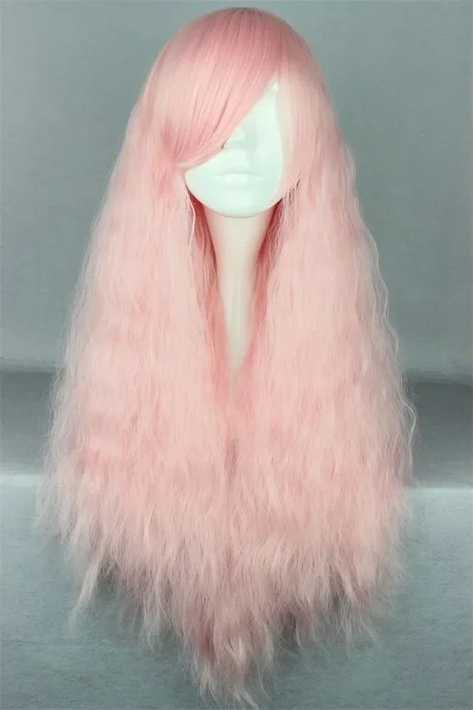 Long Light Pink Corn Tassel Wavy Curly Cosplay Costume Wig