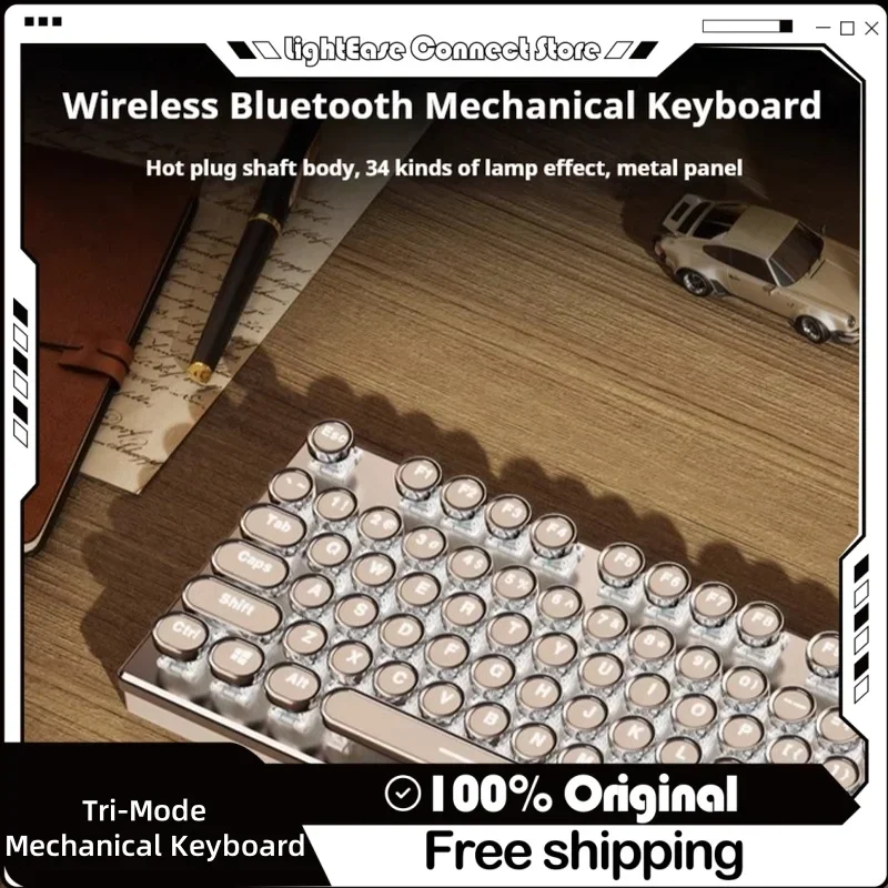 

New Wireless Bluetooth Tri-Mode Mechanical Keyboard 87 Keys Hot Plug Retro Punk Keycap Good-Looking Girls Office Game Esports