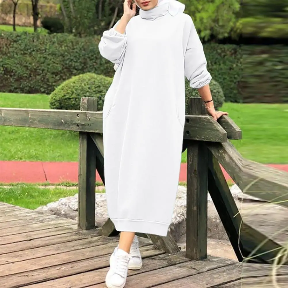 M-4XL Women Autumn Winter Hoodie Dress Loose Long Sleeves Solid Color Turtleneck Casual Plus Size Hooded Sweatshirt Dress