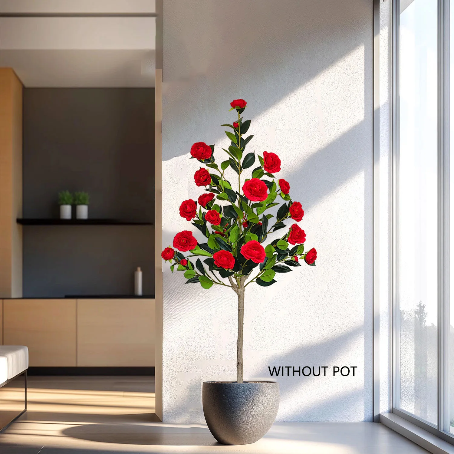 4,59 Fuß neue künstliche Kamelienbaum-Pflanze für den Innen- und Außenbereich, gefälschte Pflanze für Zuhause, Garten, Hochzeit, Wohnzimmer, Dekoration, Weihnachten