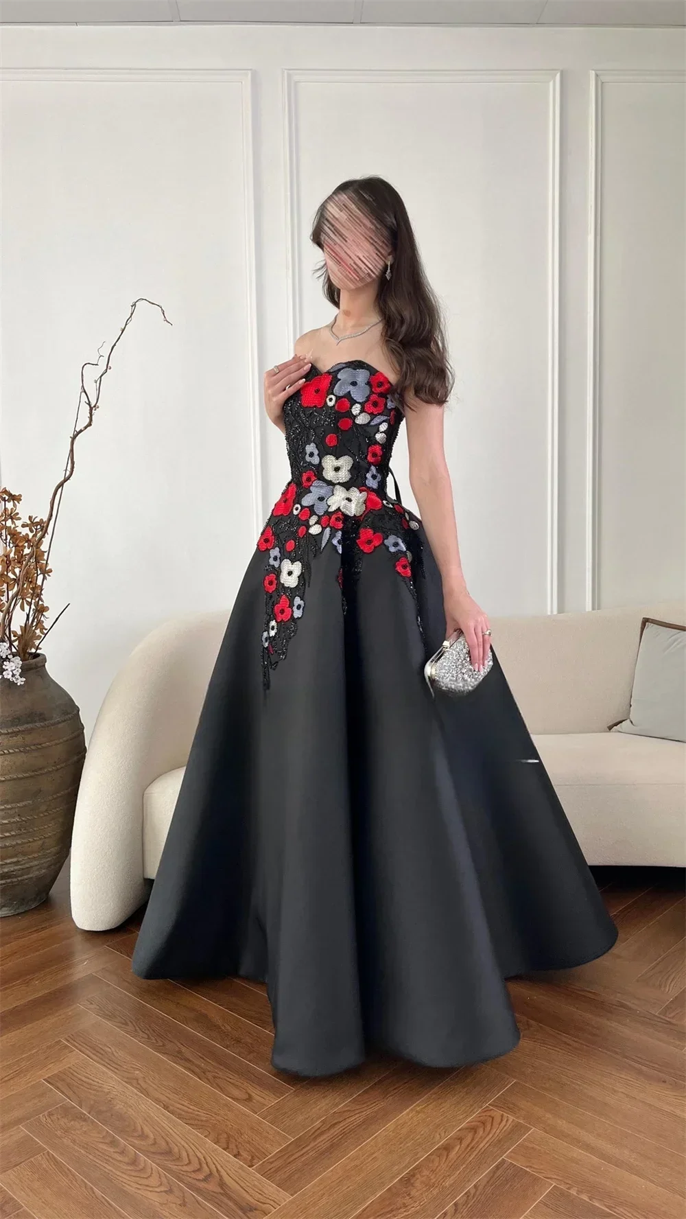 Vestido Formal personalizado para graduación, vestido de noche de Arabia Saudita, sin tirantes, corte en A, faldas hasta el suelo, lentejuelas, flores, ocasión a medida