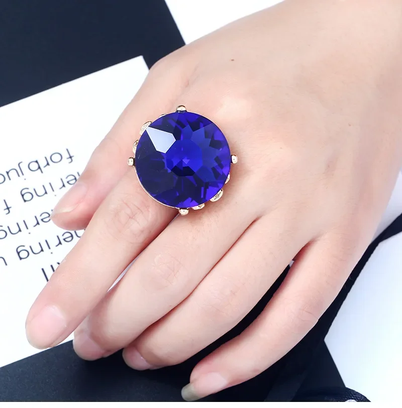 Fashion Statement Exaggerated Blue Crystal Glass Stone Chunky Adjustable Rings for Women Men Jewelry