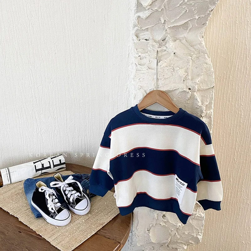 

Fashion Striped O Neck Long Sleeve Baby Sweatshirt Casual Streetwear Patchwork Cotton Infant Hoodies for Boy Girls Spring 2023