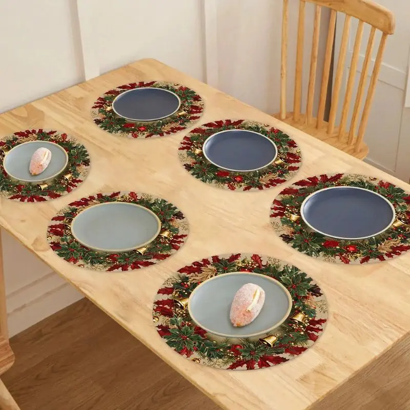 VIKAMA Retro Holly Golden Bell Placemat - Christmas Wreath Heat Resistant Mat, Holiday Tray & Table Decoration