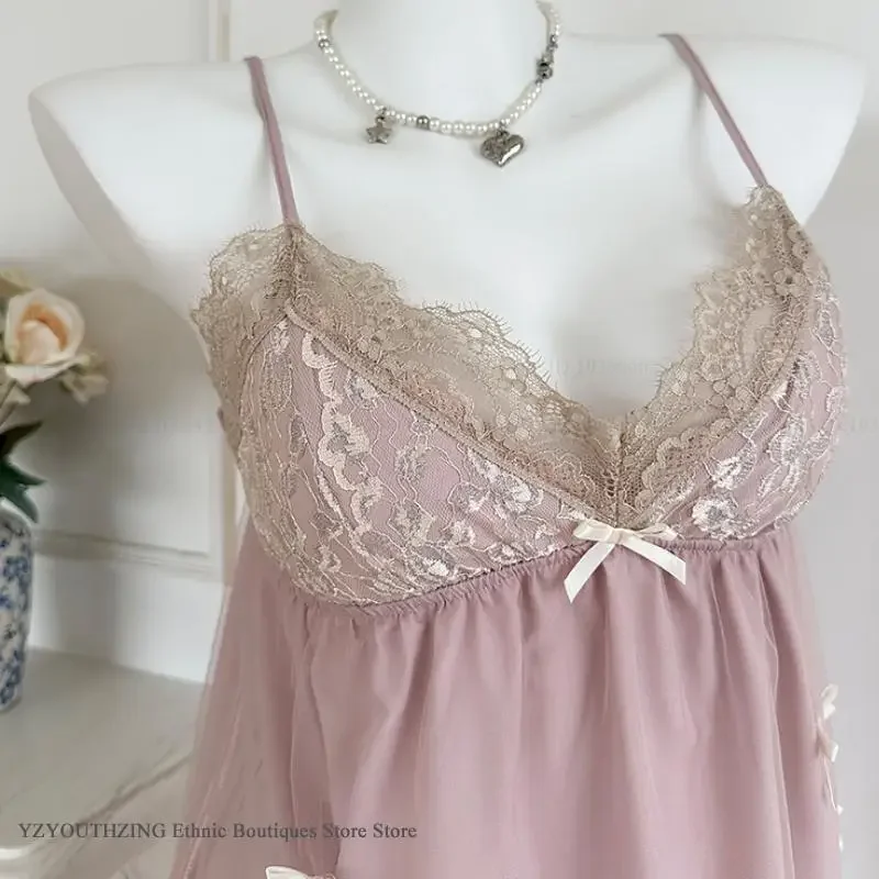 

Female Suspender Nightgown Loungewear Sexy Sweet Pink Mesh Chemise Sleepwear Nightdress Summer New Home Clothing Lingerie Nighty