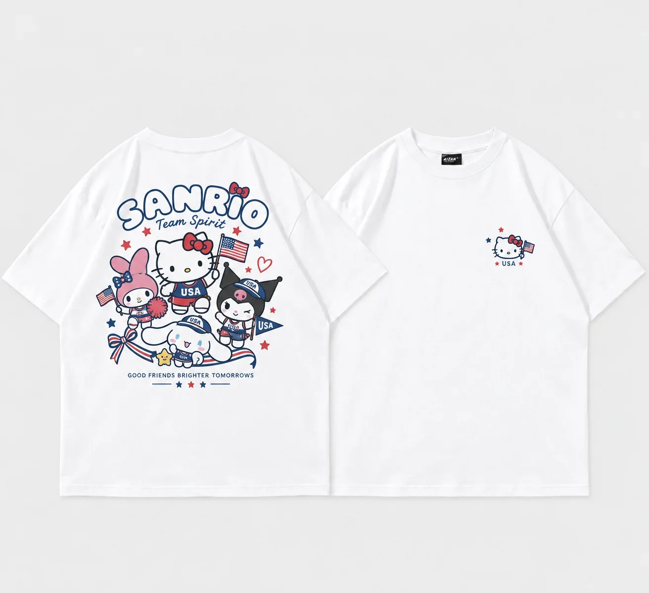 White Tee Men's Women's Sanrio Hello Kitty USA Parent Child Retro Cool Graphic Art Print Oversized Short Sleeve Streetwear Top