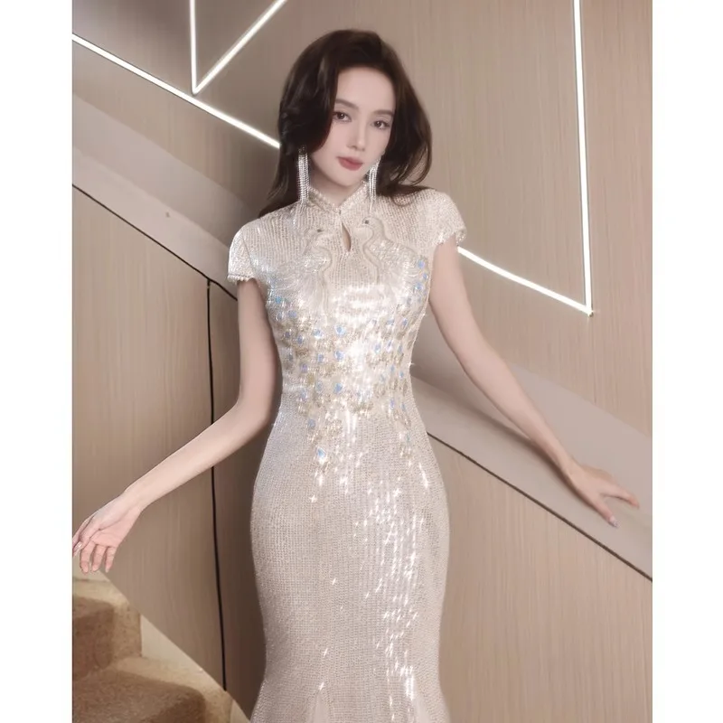 2023 Sequined Water Drop Collar High-End Affordable Luxury Niche High Sense Banquet Fishtail Improved Cheongsam Evening Dress