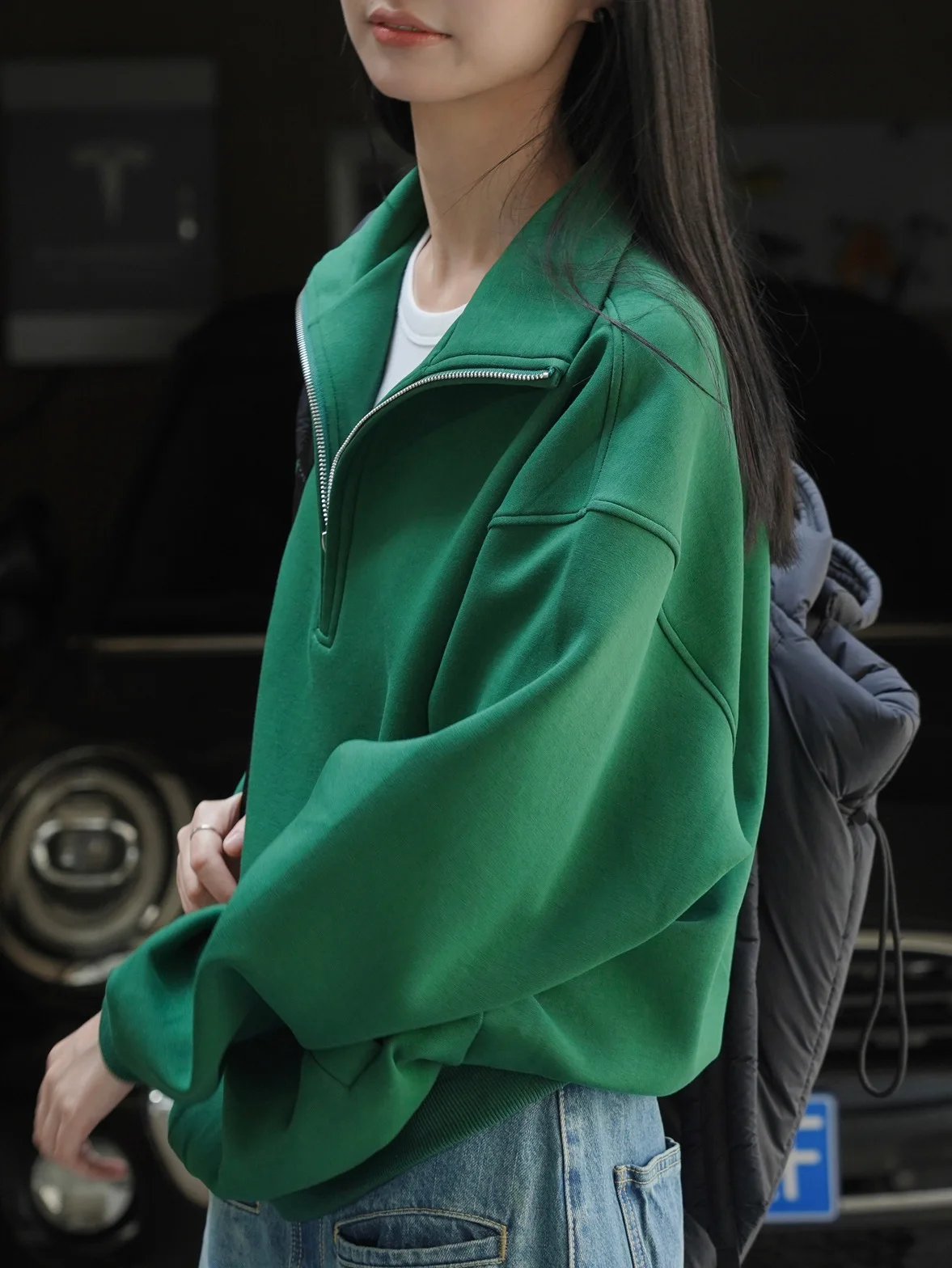 Women Stand Collar Sweatshrits Autumn Tops Korean Half Placket Retro Street Style Air Layer Loose Profile Zipper Green Clothes