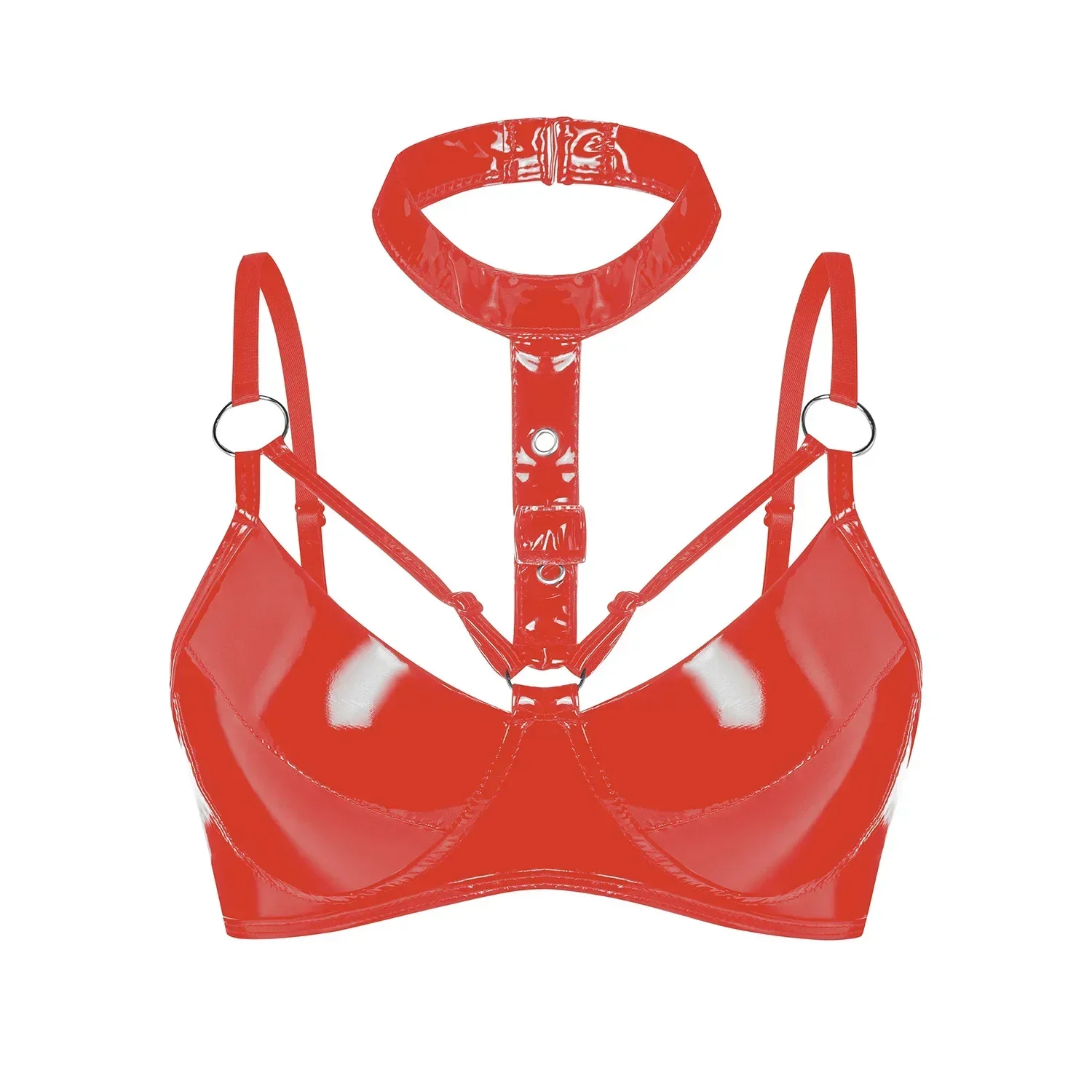 Женское блестящее латексное регулируемое нижнее белье с мокрым эффектом, бюстгальтер без косточек с лямкой на шее, сексуальный глянцевый кожаный бюстгальтер из ПВХ, порно эротические бюстгальтеры, топы, вечерние клубная одежда