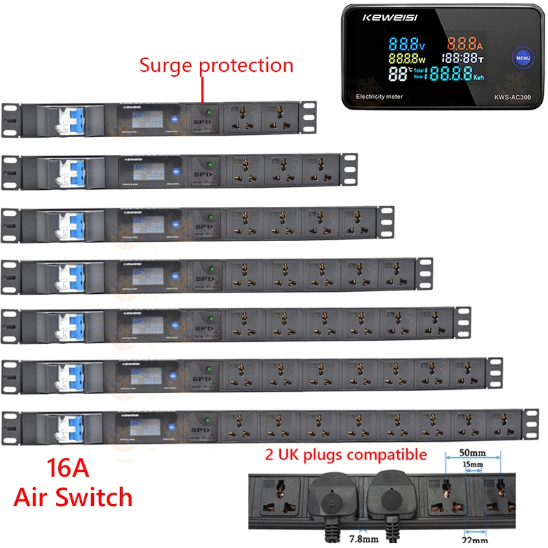 

Smart pdu Power Strip with Voltage/Current/Power Electricity meter 16A Air Switch 2-7 Ways Socket 2 UK plugs compatible