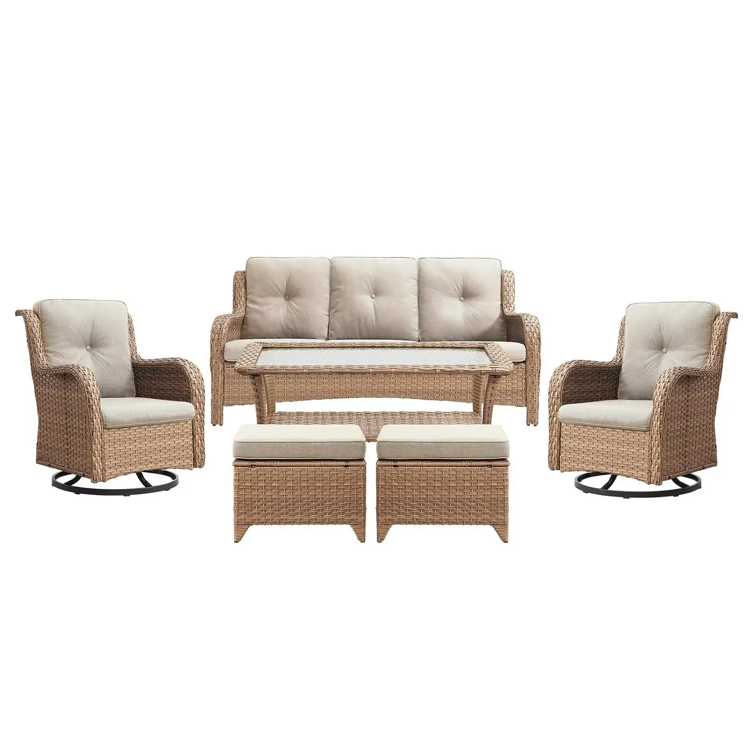 6 Piece Wicker Patio Set With Swivel Rocker Chair Sofa Ottoman Coffee Table For Porch Balcony Garden Beige, Customized